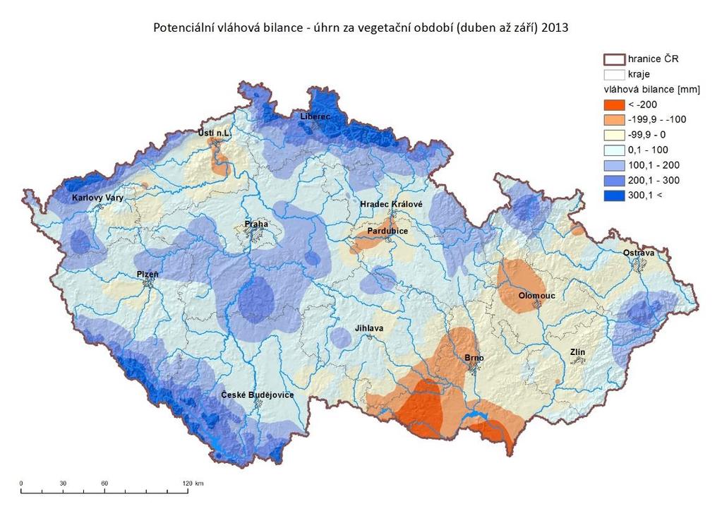 Bilance srážek a potenciální evapotranspirace travního porostu na území ČR v roku 2013 Potenciální vláhová