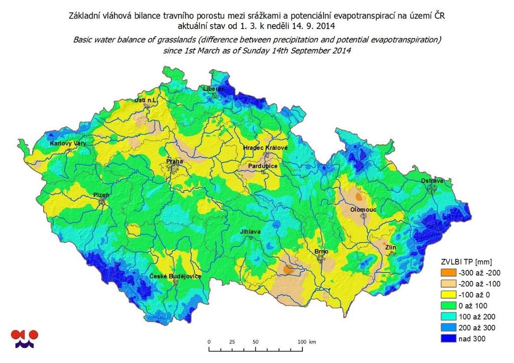 Vláhová bilance na území ČR, aktuální stav ke 14.9.