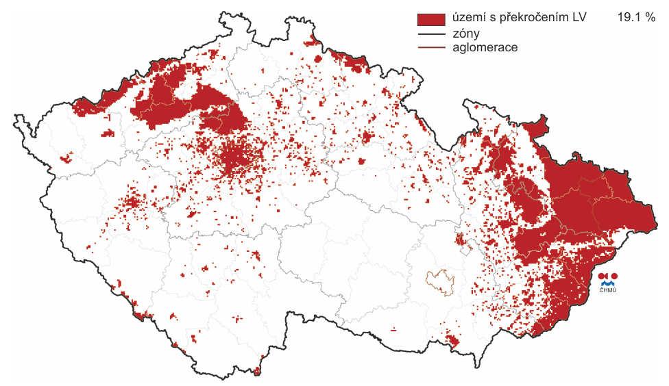 Graf 2: Překročení imisního limitu (LV) v ČR, % plochy, 2006-2014 Zdroj: http://portal.chmi.cz/files/portal/docs/uoco/isko/grafroc/14groc/gr14cz/png/ovii3.