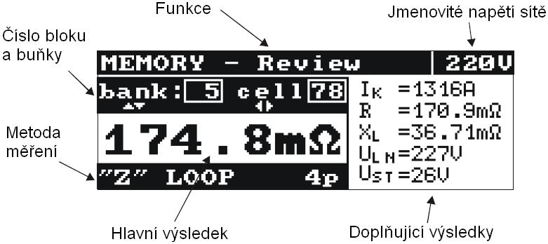 Obr. 5 Zobrazení v režimu prohlížení hodnot v paměti Obr. 6 Zobrazení po zapnutí přístroje (měření impedance smyčky všechny výsledky) 4.