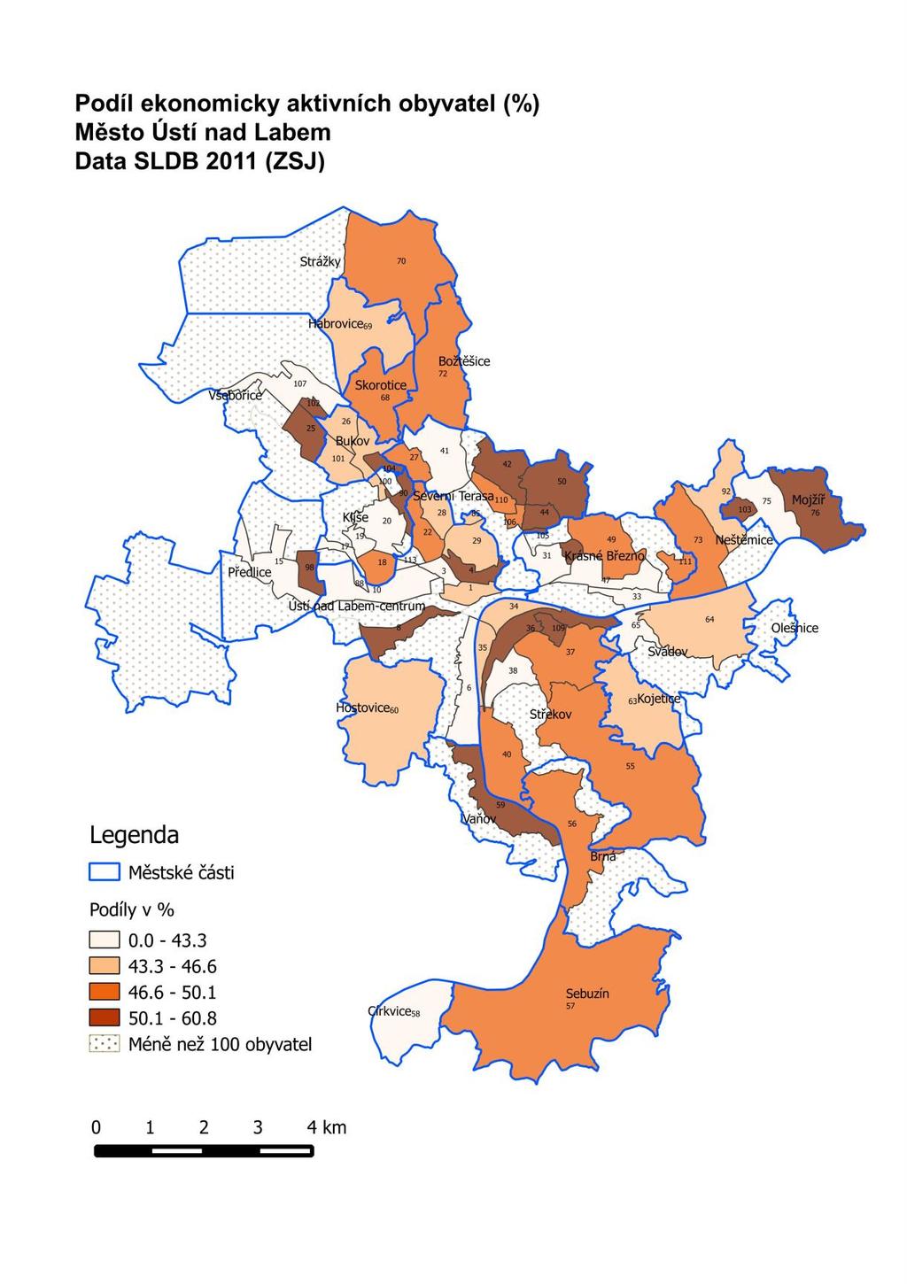Rozložení obyvatel podle výše uvedených ukazatelů ekonomické činnosti na území města Ústí nad Labem k roku 2011 zobrazuje následující šestice kartogramů