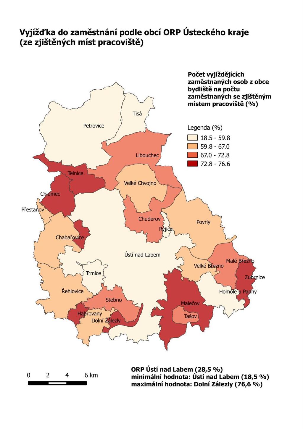Kartogram č. 20: Vyjížďka do zaměstnání podle obcí ORP Ústeckého kraje (ze zjištěných míst pracoviště), podle SLDB 2011 Pramen: SLDB 2011, Dojížďka do zaměstnání a do škol.