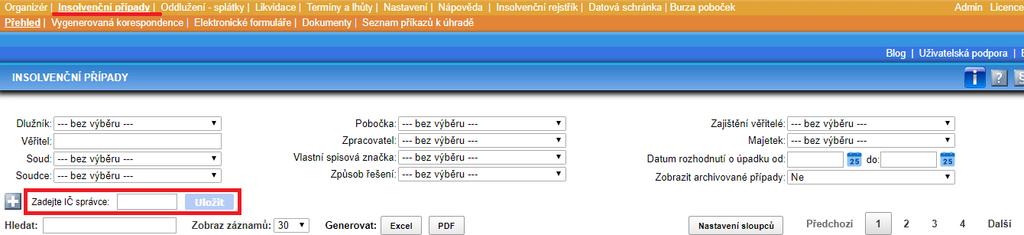 Po vložení identifikačního čísla bude toto pole nahrazeno tlačítkem, které bude obsahovat informaci o počtu insolvenčních případů, které vám byly přiděleny, ale nemáte je prozatím v systému zadány.