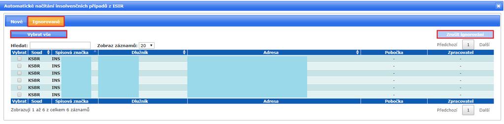Pro automatické načtení insolvenčního případu do systému následně označíte myší ve sloupci Vybrat buď konkrétní řízení, nebo pomocí tlačítka označíte všechny v okně zobrazené případy.