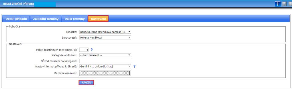 Nastavení Na kartě Nastavení si dále můžete nastavit pobočku, pod kterou bude insolvenční případ evidován, osobu Zpracovatele, určit kategorii oddlužení a definovat barevné rozlišení