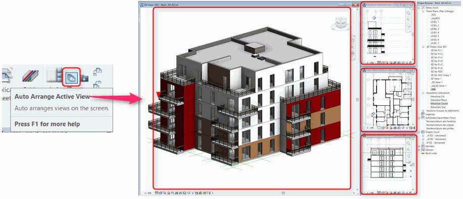 Před uzavřením pohledu v aplikaci Revit aktivujte režim automatického uspořádání aktivního pohledu tak, aby