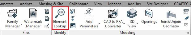 Novinky 1: Vyhledat prvek Nástroj je k dispozici v rámci kategorie Identifikace počínaje verzí GRAITEC Advance PowerPack pro Revit 2018 R2.