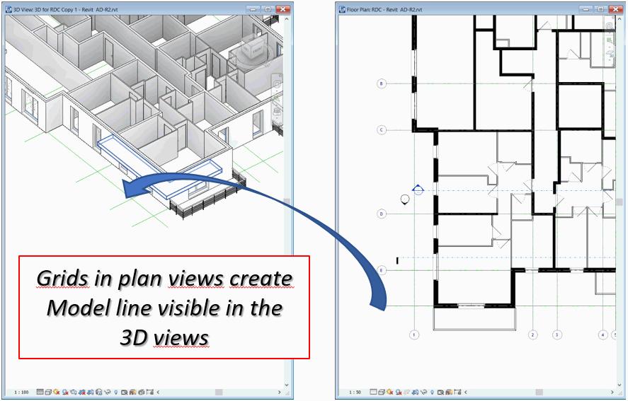 Osy rastru v aplikaci Revit můžou být také zobrazeny v 3D pohledu pomocí příkazu Převést na čáry modelu.