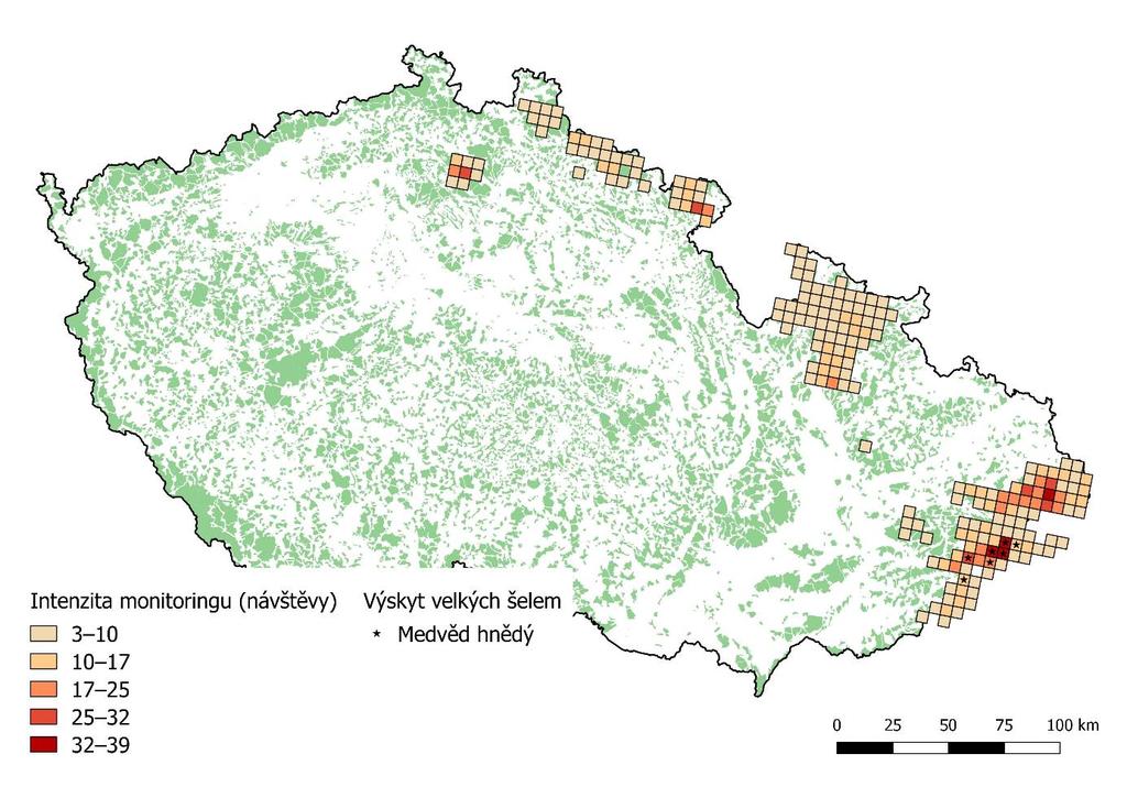 Obr. 3.1.5 Výskyt vlka obecného v kvadrátové síti 5 5 km, zjištěný během monitoringu pobytových znaků v sezóně 7/2015 6/2016 na základě C2a a C2b údajů Obr.