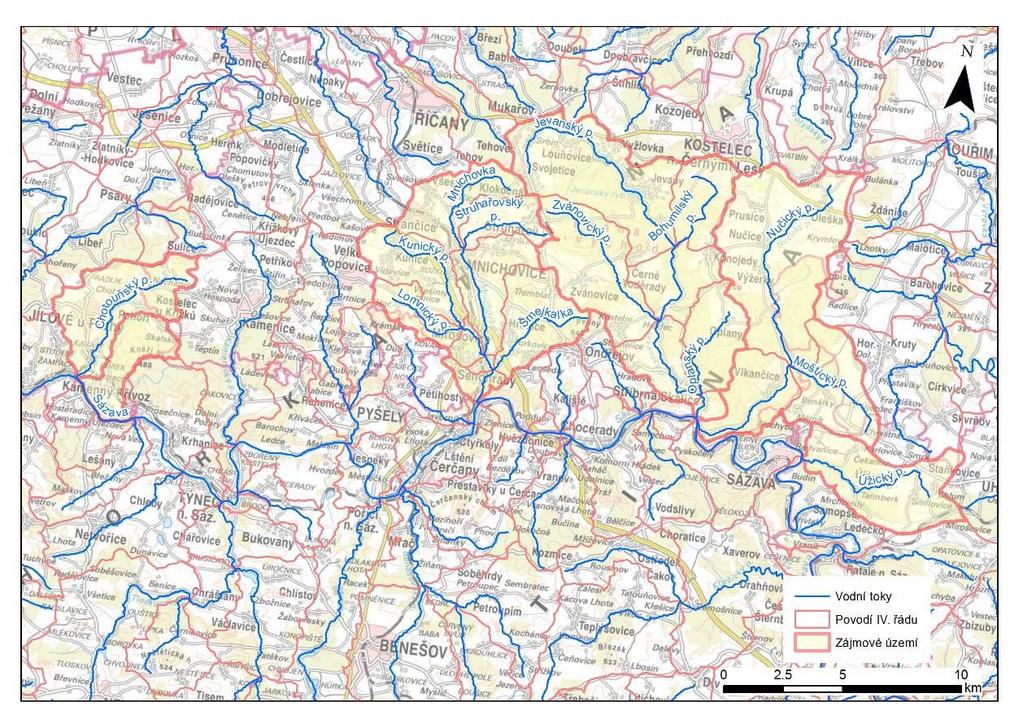 Obr. č. 5 Vodní toky v povodí pravostranných přítoků Sázavy Jevanský potok Jevanský potok pramení ve Svojeticích v nadmořské výšce 480 m n. m. Teče převážně jižním až jihovýchodním směrem.