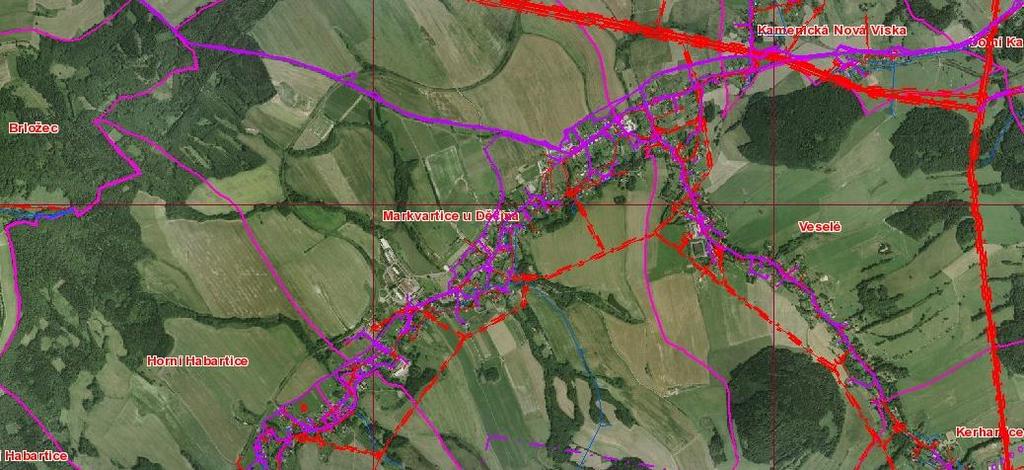 Obrázek 4 Vedení technické infrastruktury ve správním území Markvartic na podkladu ortofotomapy Zdroj: Územně analytické podklady ORP Děčín, http://77.