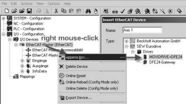 6 Chování při provozu v systému EtherCAT Řízení pohonového měniče MOVDRVE MDX61B 6.1.1 Příklad řízení pro TwinCAT s měničem MOVDRVE MDX61B Po zkopírování souboru SEW_DFE24B.