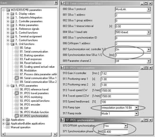 7 Motion Control přes EtherCAT Nastavení v měniči MOVDRVE B pomocí programu MOVTOOLS MotionStudio Následně je třeba aktivovat synchronizaci kontroléru na sít EtherCAT.
