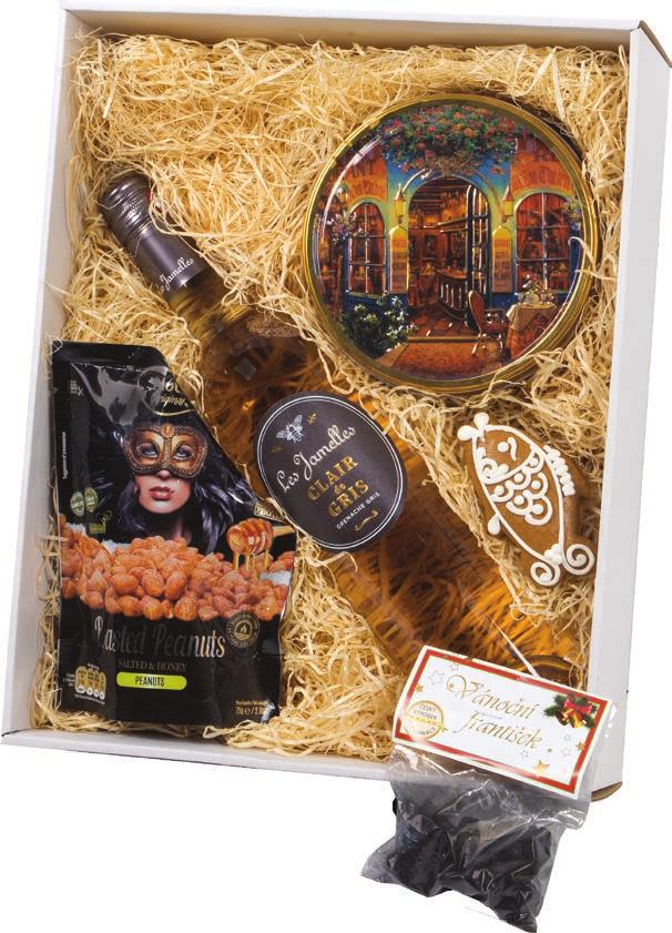 GP 429 Les Jamelles, Clair de gris, růžové víno, 0,75 l Máslové sušenky v dárkové plechové dóze, výrobce Jacobsen Bakery Dánsko, 150 g Roasted Peanuts arašídy s