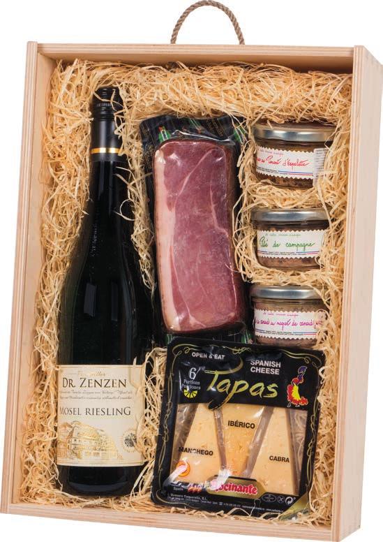 venkovská terina, 70 g Pâté au Magret de Canard Fumé, terina s uzenými kachními prsy, 70 g Balení tří druhů španělských sýrů, Manchego