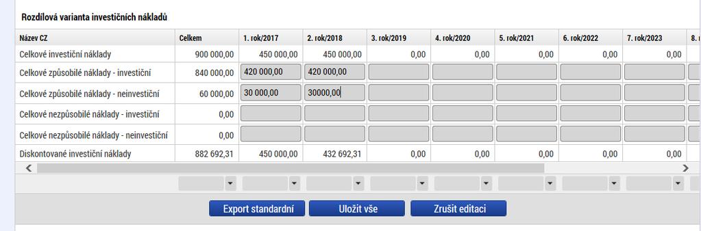 Investice a zdroje (tabulka Rozdílová varianta investičních nákladů) Záložka je relevantní pouze u projektů od 5 mil. Kč celkových způsobilých výdajů včetně.