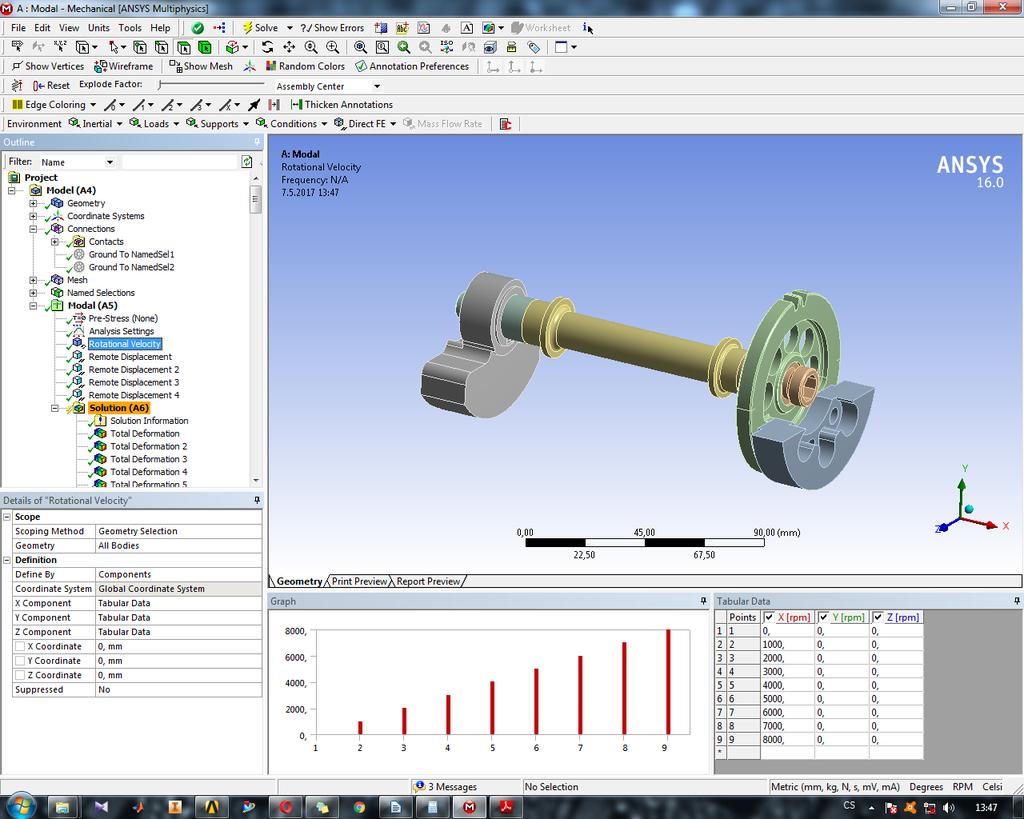 8.4. Campbellův diagram V této kapitole je popsán výpočet Campbellova diagramu vyvažovacího hřídele. Diagram byl vypočten v Ansys 16.0 v modulu Rotor dynamics.