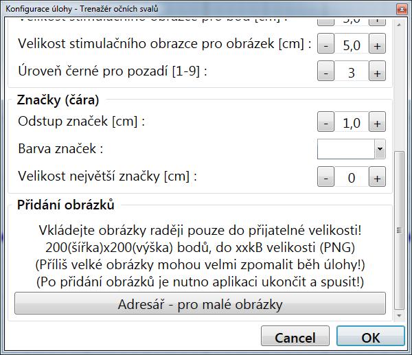 Některé položky v nastavení mají následující význam (ostatní jsou samovysvětlující): - Pohyb stimulu okolo středu Při nezatržené této položky lze nastavit elipsu a hlavně čáru z libovolného výchozího