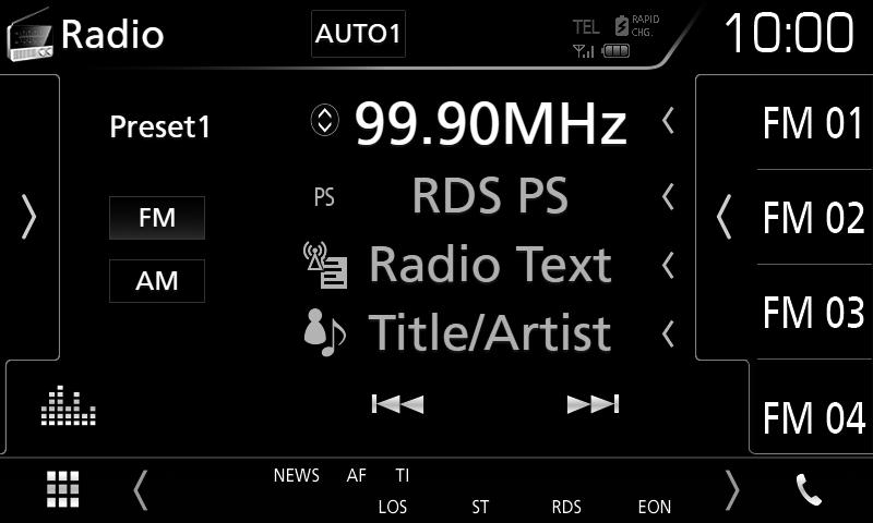 Rádio Rádio Základní ovládání rádia Většinu funkcí lze provádět z obrazovky ovládání zdroje. Pro zadání rozhlasového zdroje klepněte na ikonu [Radio] na obrazovce výběru zdroje. (str.