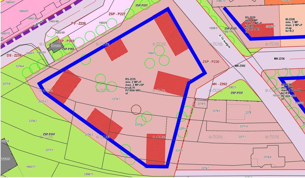 Obr. 2: regulace dle územní studie (plocha BS-Z235) BS BYDLENÍ SMÍŠENÉ Hlavní využití: bydlení v bytových a rodinných domech občanské vybavení Přípustné využití: stavby pro trvalé bydlení stavby a