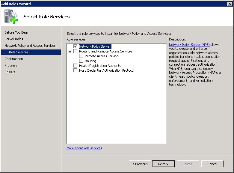 V prostředí Windows Server 2008 R2 se přes Server Manager, dále přes Roles vybralo Add Roles. Z nabídky možných Rolí bylo nutné vybrat právě Network Policy and Access Services. Obr.