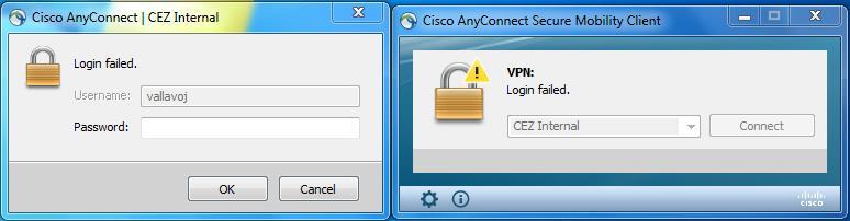 PIN+kód z RSA klíčenky nebo PIN a vložení kódu z autentizační SMS nedojde k přihlášení do VPN a zobrazí se okno s informací Login failed, není pravděpodobně zřízen přístup do VPN je třeba zadáním