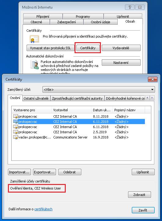 d) kontrolu existence certifikátu pro CEZ_WiFi1 lze zjistit spuštěním internetového prohlížeče, v menu Nástroje zvolte Možnosti Internetu, vyberte záložku Obsah a na této záložce klepněte na tlačítko