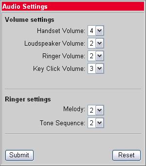 Internetové rozhraní Zvuková nastavení Popis, jak změnit zvuková nastavení v menu telefonu, viz