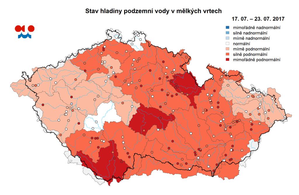 E. Podzemní vody Stav podzemních vod je hodnocen podle pravděpodobnosti překročení hladiny ve vrtu v příslušném týdnu.