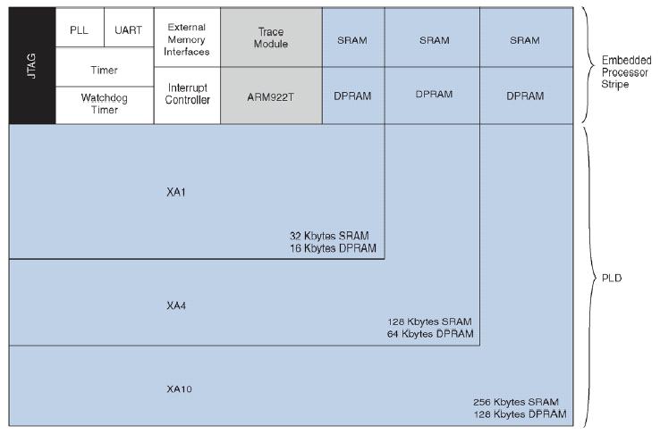 Obvody Excalibur se vyrábějí s různou velikostí paměti a velikostí programovatelné části FPGA (PLD) uváděné v počtu ekvivalentních hradel (EH). Označení jednotlivých verzí je EPXA1, EPXA4, EPXA10.