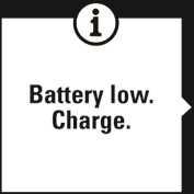 UPOZORNĚNÍ, ŽE BATERIE JE SLABÁ. Battery low. (Baterie je slabá). Charge (Nabijte ji). Baterie je slabá. Doporučujeme M400 nabít.