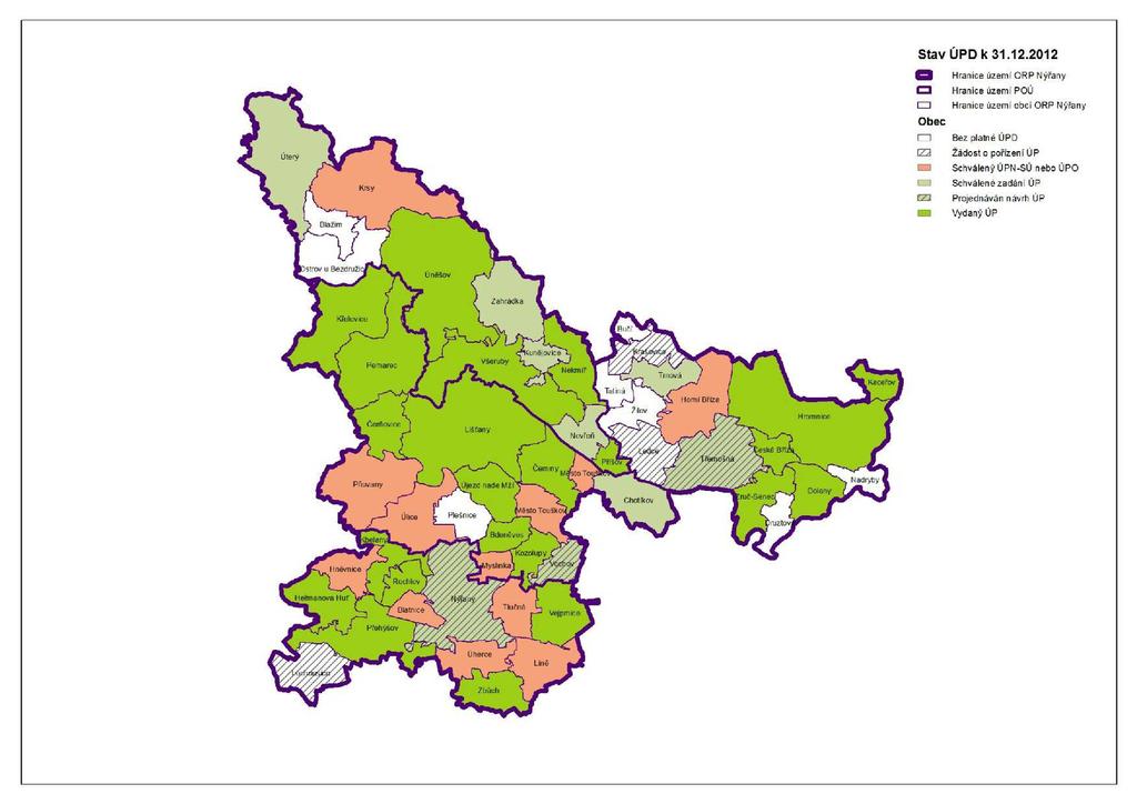 Mapa obcí, které mají územní plán Zdroj: Geoportál Plzeňského kraje Z výše uvedené tabulky a mapy vyplývá, že většina obcí SO ORP Nýřany používá územní plán jako základní nástroj udržitelného rozvoje