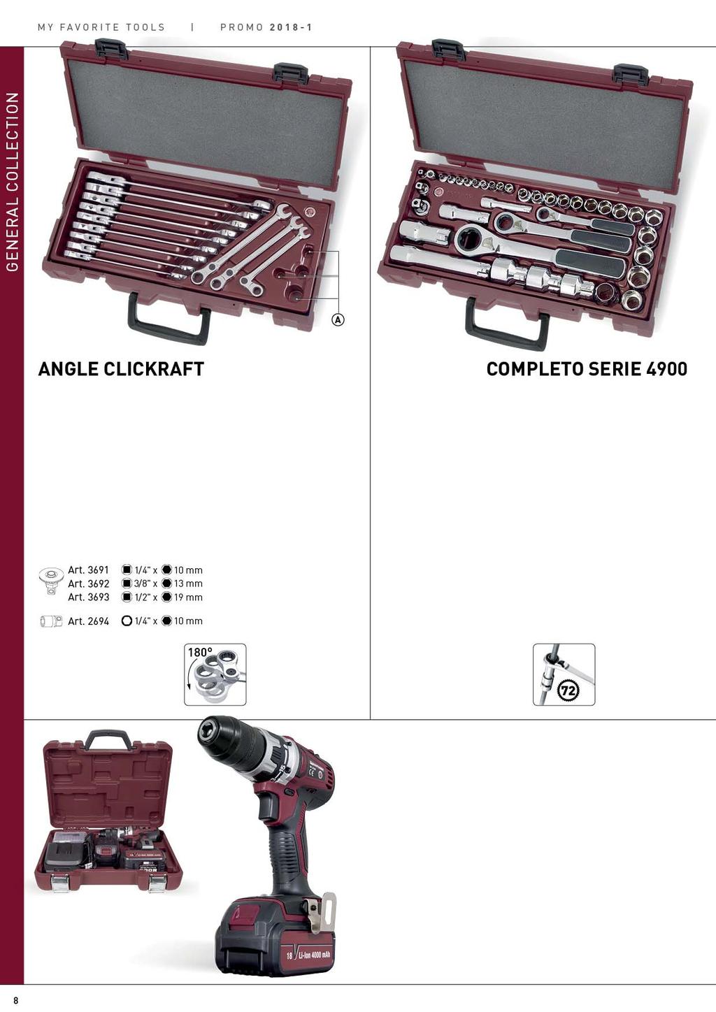 Art. 4900-41K Souprava ráčnových klíčů CLICRAFT ANGLE v kufru, 12 kusů - očko ploché klíče 8-19mm - s možností otočení hlavy ráčny o 180 - pro práce i ve špatně přístupných místech - uzamykací