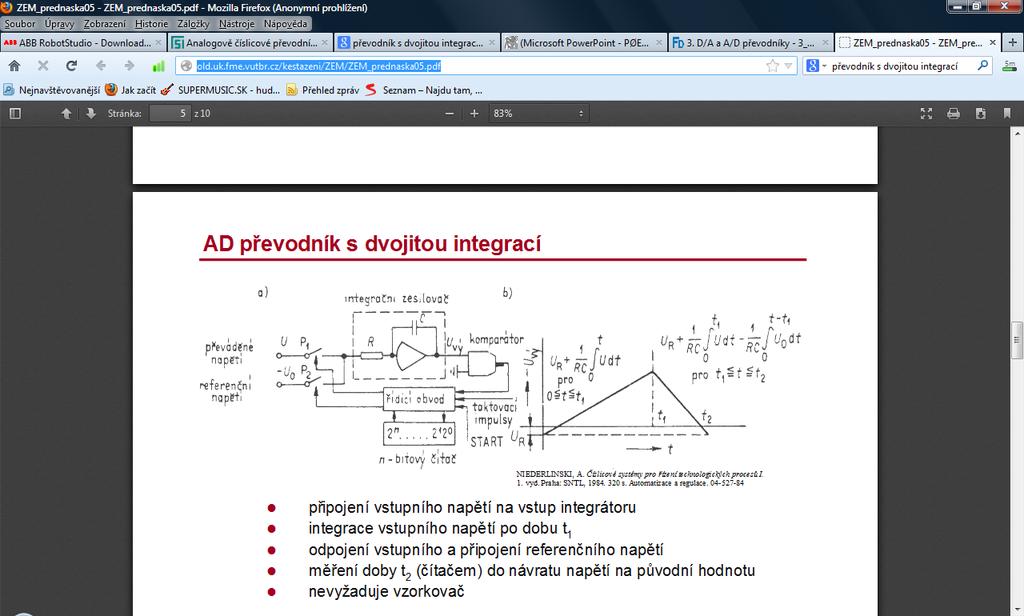 Fyzikální praktikum 11 integrační zesilovač C U P₁ R U o komparátor -U o(t) - U ref P₂ řídící obvod 01100011001 n-bitový čítač impulzy t₁ t₂ START U R Obrázek 10: A/D převodník s dvojitou integrací.