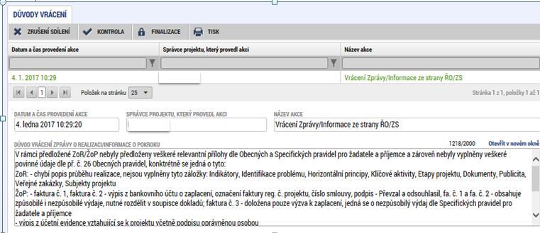 Vrácení ZoR a ŽoP k dopracování II. V případě vrácení ZOR bude na záložce Důvody k vrácení specifikováno, co je třeba udělat.