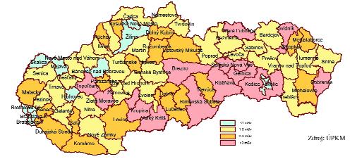 Tabuľka 179. Prídavné úmrtia na karcinóm pľúc na 100 tisíc obyvateľov ročne v dôsledku expozície obyvateľstva radónom v pobytových priestoroch Zdroj: ÚPKM Mapa 23.