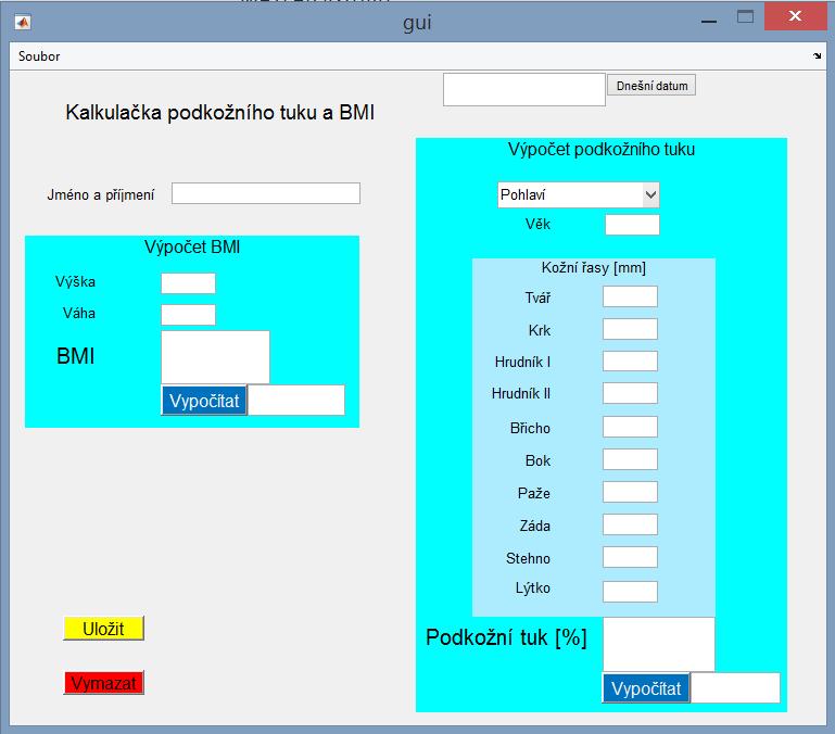 7 PROGRAM NA ZPRACOVÁNÍ DAT Program byl vytvořen pomocí programu Matlab, v Grafic User Interface (GUI), je určen pro ulehčení a urychlení měření, respektivě snadnější zadávání, výpočet BMI a