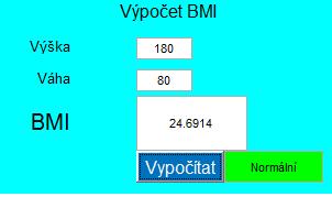 Obrázek 31 - výpočet BMI + zpětná vazba SEKCE - Výpočet Podkožního tuku: Při kliknutí na pohlaví se rozklikne vyskakovací okno,