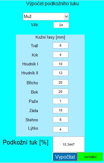 Pokud budou zadány všechny potřebné parametry, po stisknutí tlačítka Vypočítat bude vypočítáno procento podkožního tuku, informace