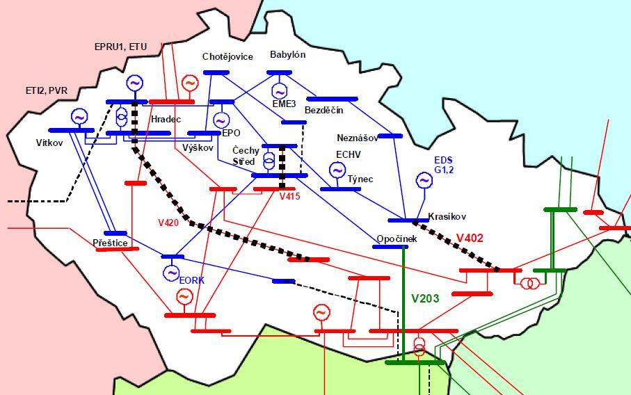 chybu lze rychle detekovat, neboť dojde k nárůstu velikosti přetoků jalového výkonu na blízkých vedeních pilotního uzlu. [13] Obr. 3.17 Situace v přenosové soustavě dne 25.