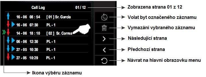 V případě kliknutí na záznam: V případě kliknutí na záznam interkomu: 9.11. Interkom (vnitřní spojení) Stiskněte volbu Intercom. Objeví se následující obrazovka.