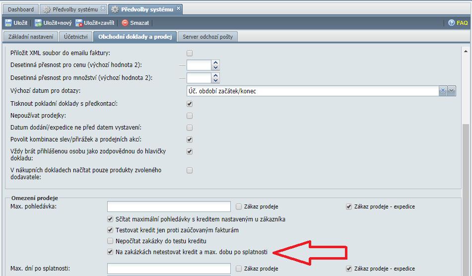 - V nastavení předvoleb pro obchodní doklady byla přidána možnost vypnout testy kreditu posplatnosti na
