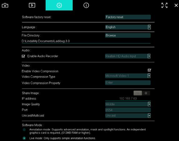 6.2.7 Nastavení (Pokročilé) Klikněte na a otevřeet menu nastavení 1. Restart továrního softwaru: Restartování na výchozí hodnotu. 2. Jazyk: Vybrat jazyk. 3. Adresář: Cesta úložiště souboru. 4.