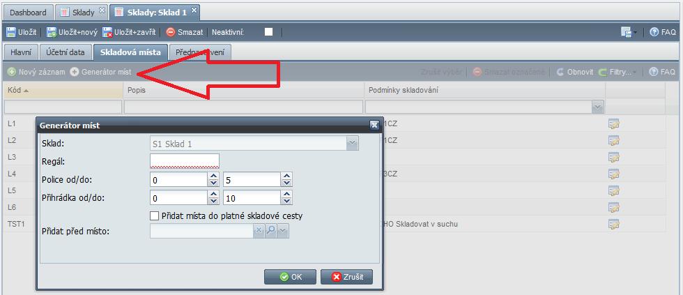 Generátor skladových míst Nastavení skladu byla přidána možnost vytvořit skladová místa hromadně a zároveň je vložit i do skladové cesty.