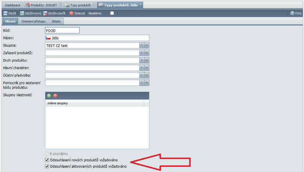 Produkty Typy produktů Evidence typu produktů byla rozšířena o nastavení požadavku na odsouhlasení pro nové nebo aktivované položky.