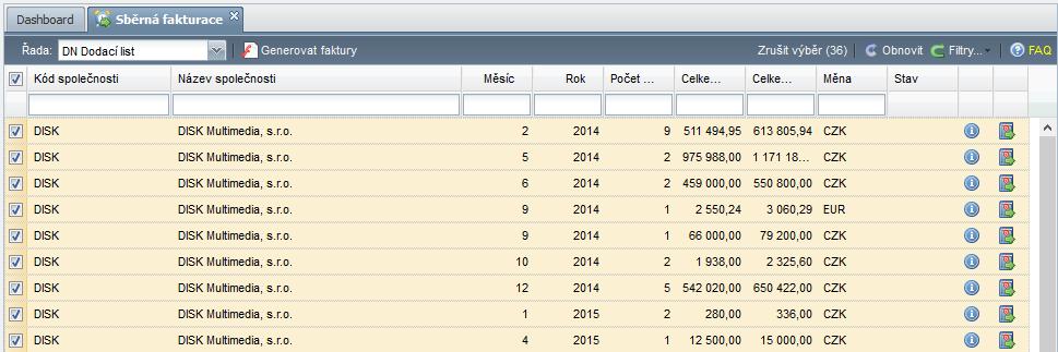 Obchodní doklady Fakturace Sběrná fakturace Nová aplikace pro hromadné generování faktur pro zákazníky, u kterých máte nastavenu sběrnou fakturaci.