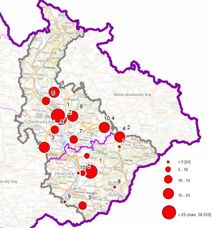 Obrázek 44: Provozovny vyjmenovaných zdrojů s nejvyššími emisemi tuhých znečišťujících látek, stav roku 2011, zóna CZ07 Střední Morava Zdroj dat: ČHMÚ C.6.