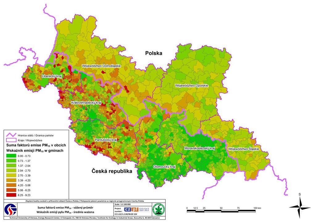 Obrázek 46: Suma faktorů emise PM 10 v obcích Vyhodnocení majoritních původců znečištění bylo provedeno jednak na základě dat pocházejících z imisní měřící kampaně uskutečněné v obci, a také z