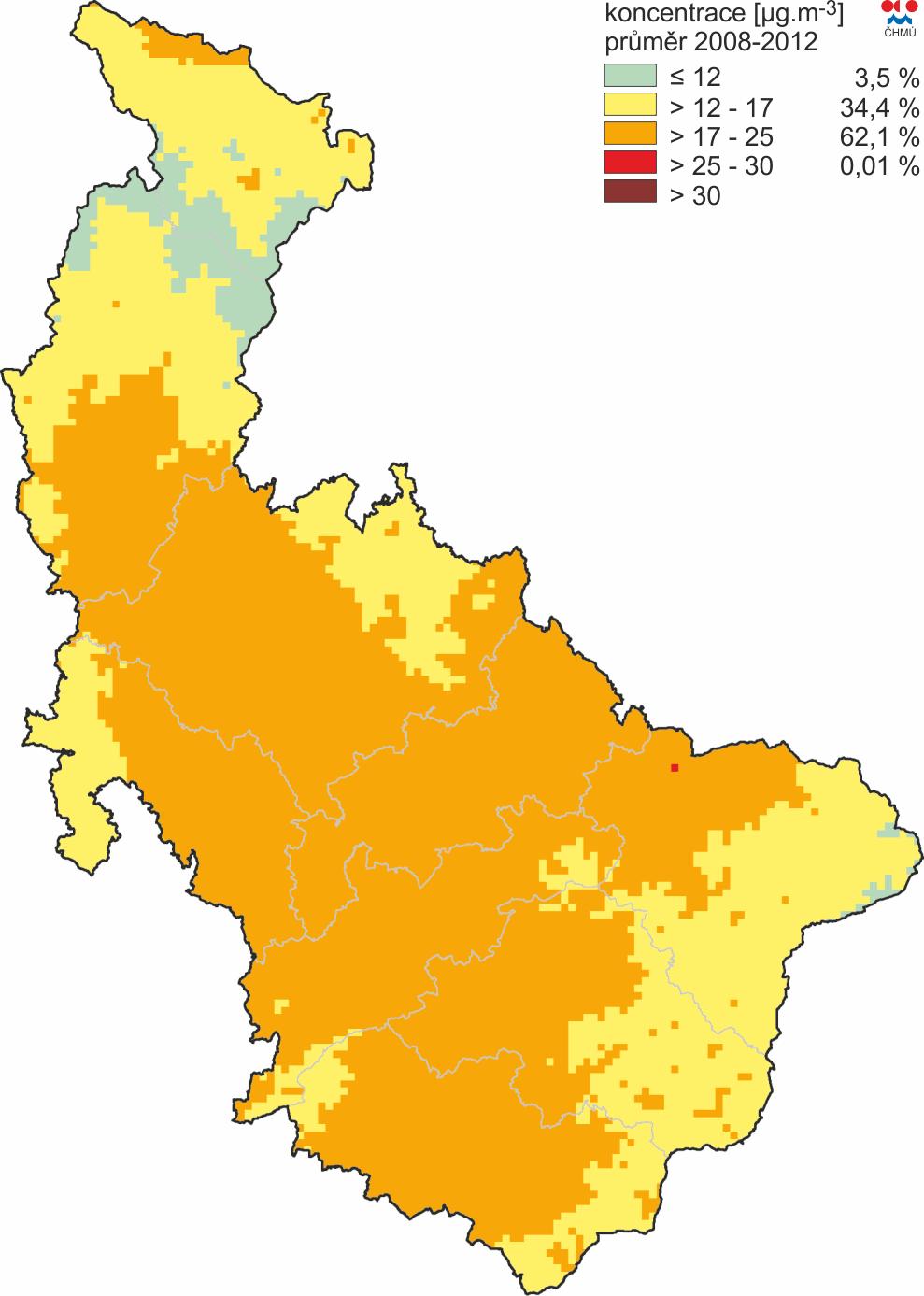 Obrázek 28: Pole průměrné roční koncentrace PM 2,5, zóna CZ07 Střední Morava, pětiletý průměr za roky 2008-2012 Zdroj dat: ČHMÚ Shrnutí Suspendované částice představují spolu s na ně navázanými