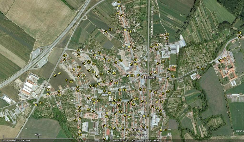 Popis umístění infrastruktury v Rajhradě Následují přehledné mapy s umístěním hlásičů, hladinoměrů a